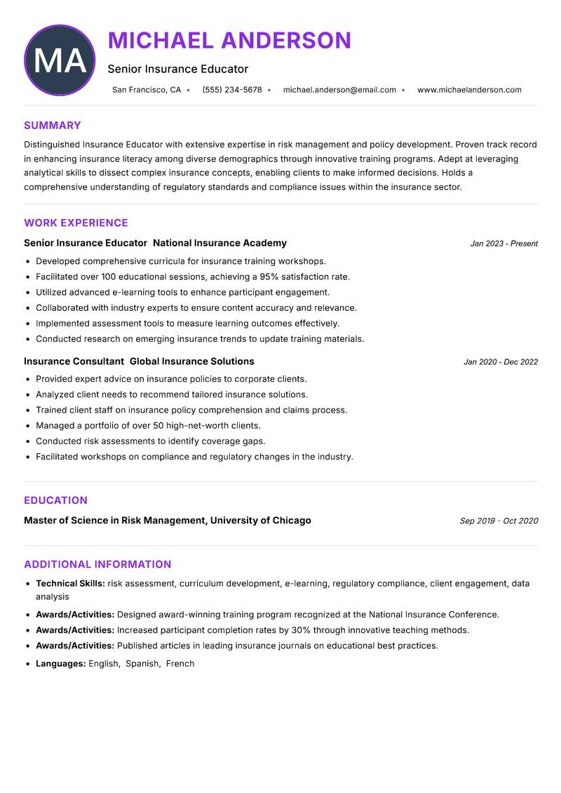 Insurance Educator Resume Preview Example