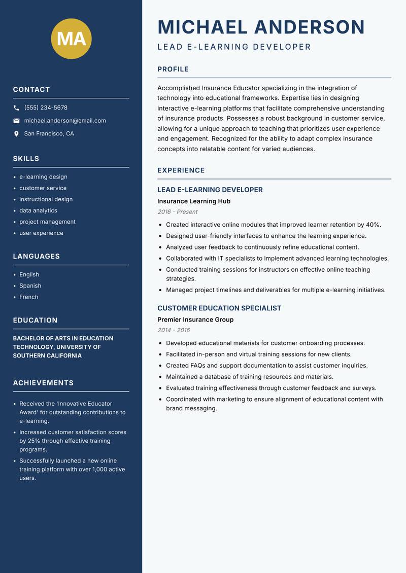 Insurance Educator Resume Preview Example