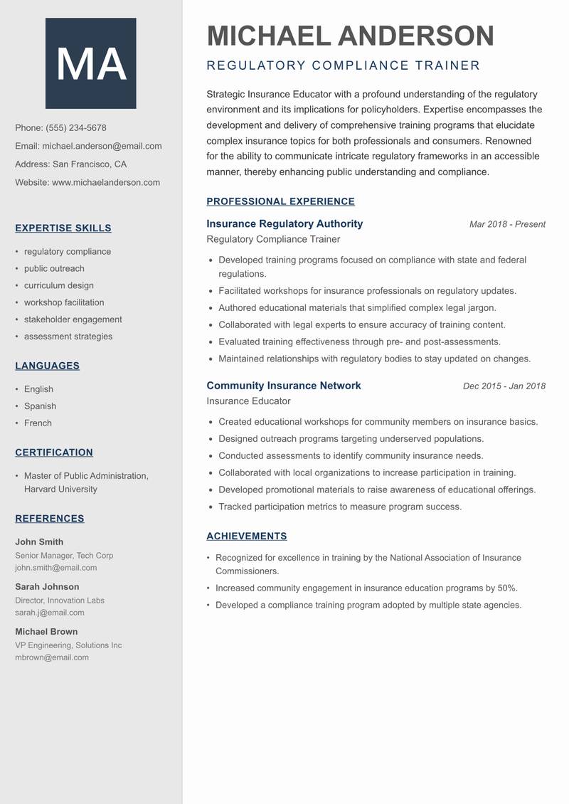 Insurance Educator Resume Preview Example