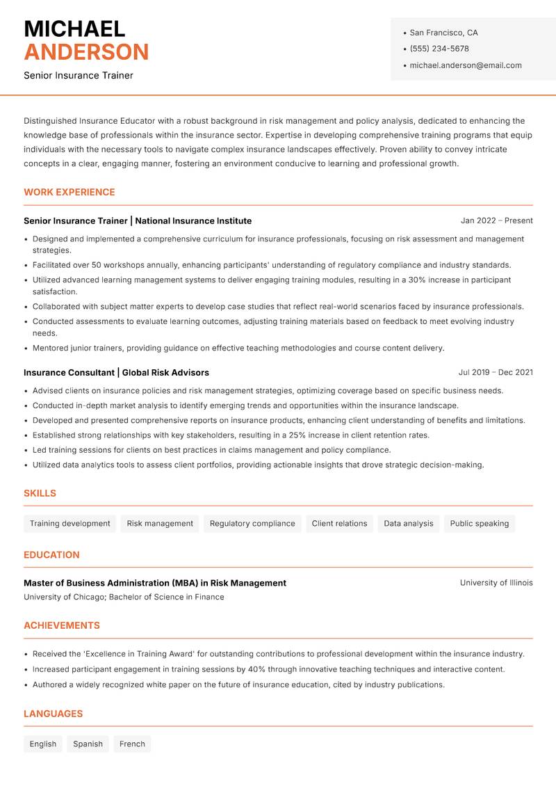 Insurance Educator Resume Template