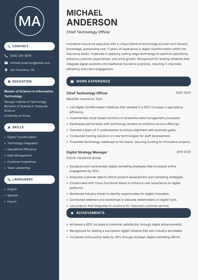 Insurance Executive Resume Preview Example