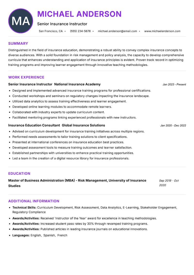 Insurance Instructor Resume Preview Example