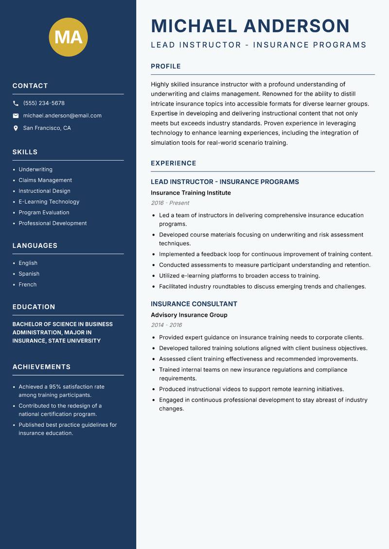 Insurance Instructor Resume Preview Example