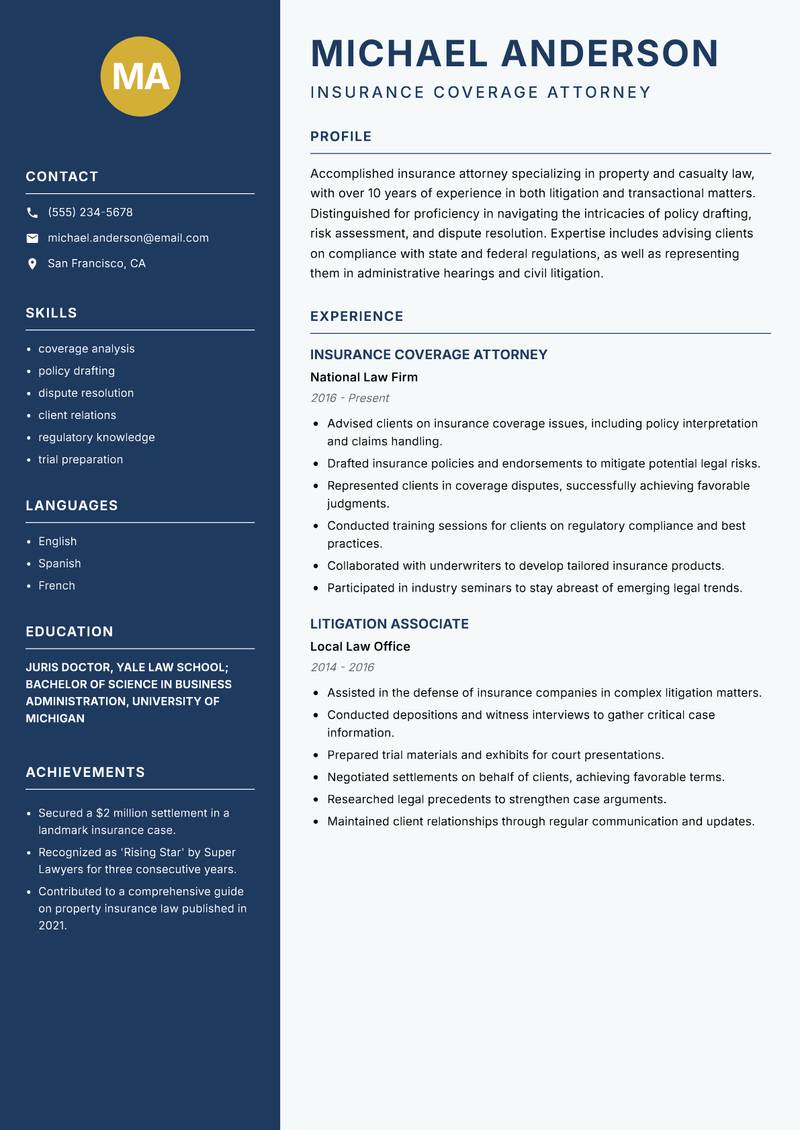 Insurance Lawyer Resume Preview Example