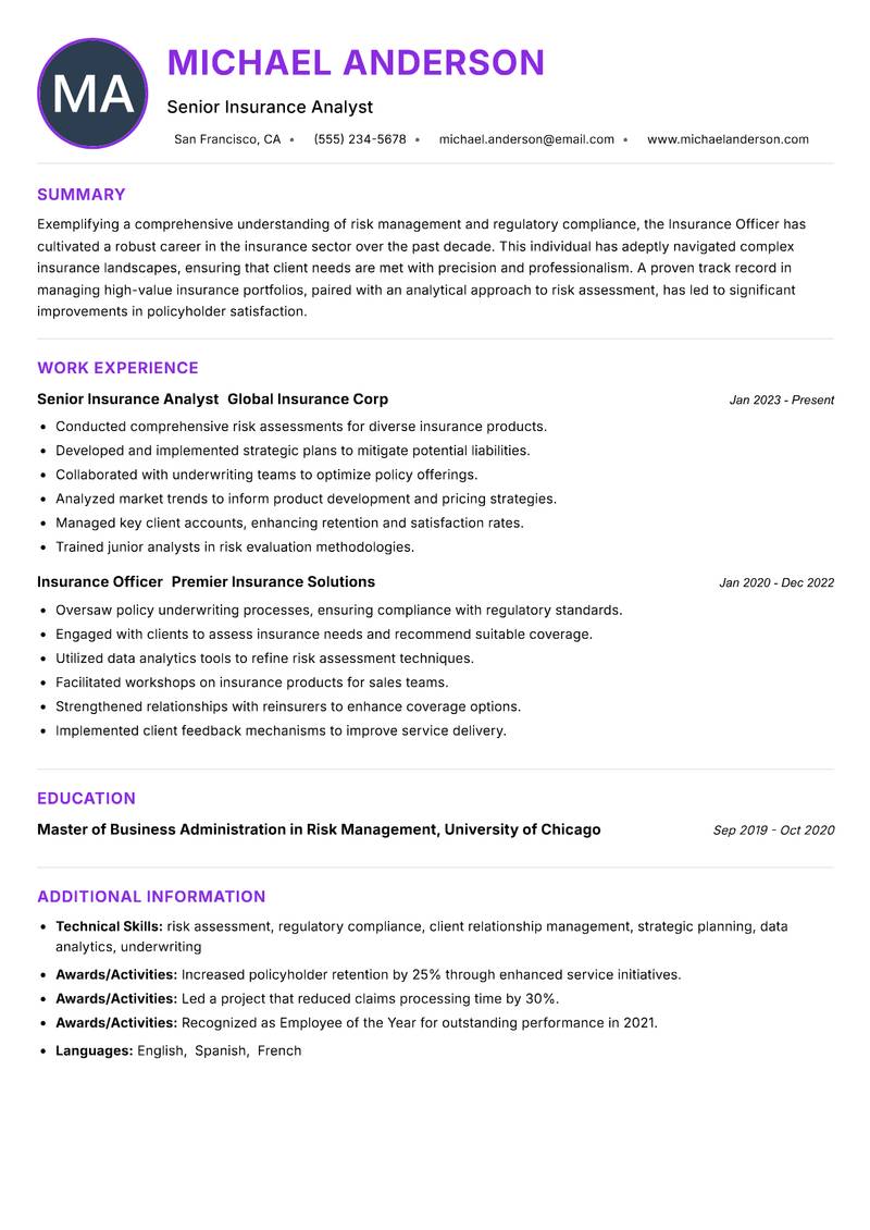 Insurance Officer Resume Preview Example