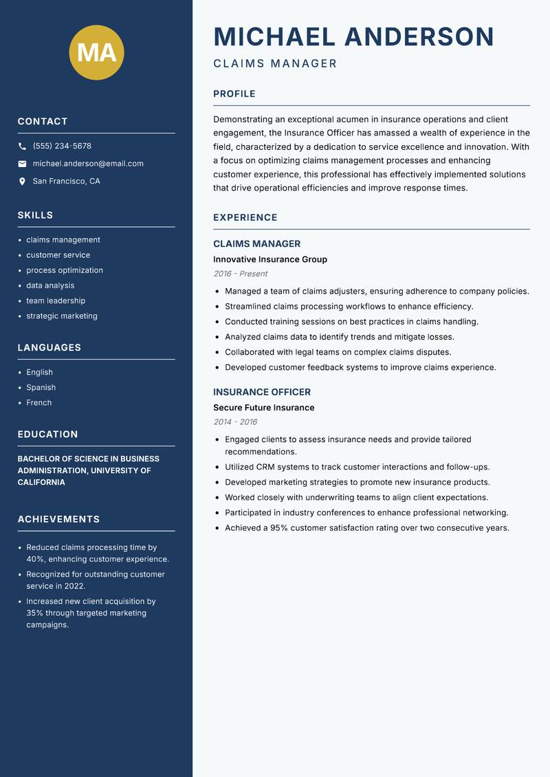 Insurance Officer Resume Preview Example