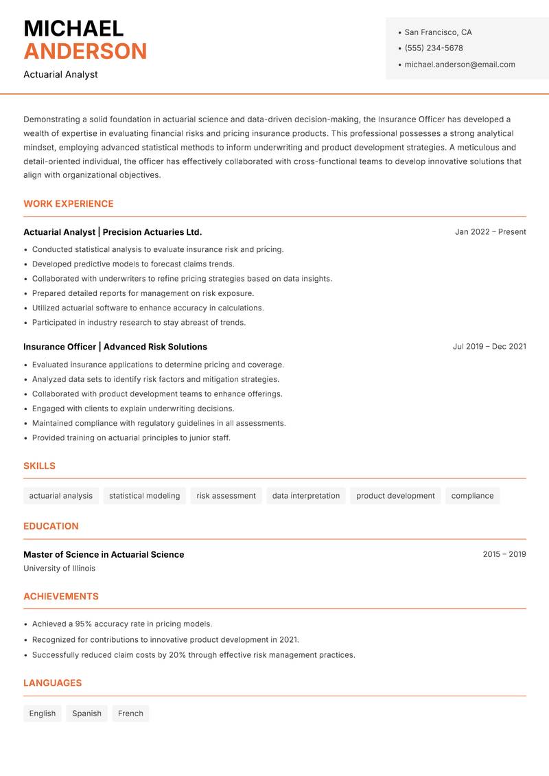 Insurance Officer Resume Template
