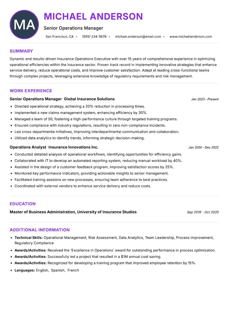 Insurance Operations Executive Resume Preview Example
