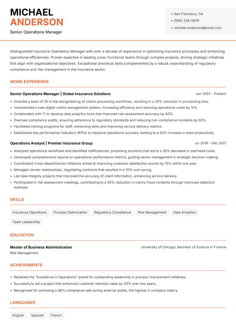Insurance Operations Manager Resume Template