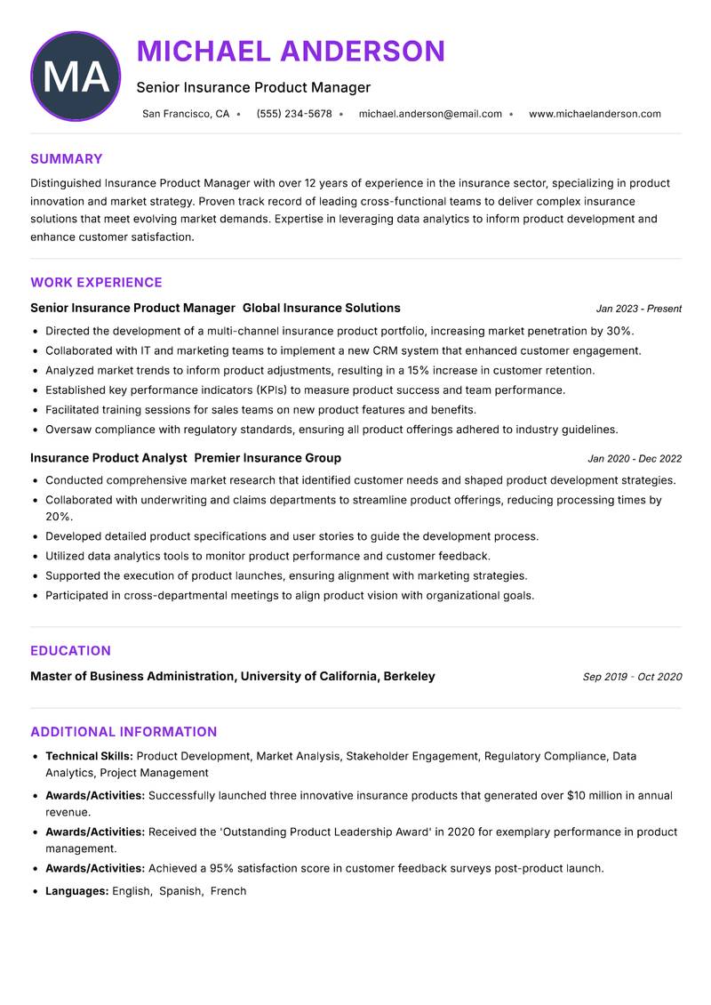 Insurance Product Manager Resume Preview Example