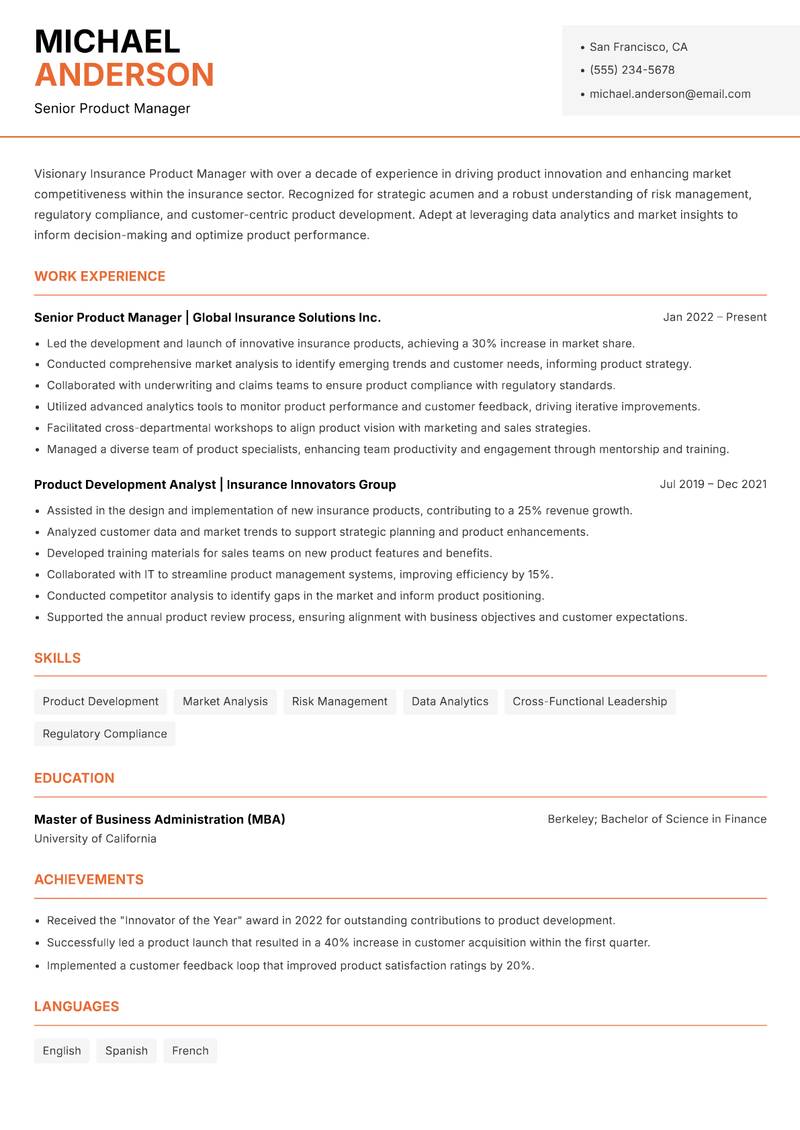 Insurance Product Manager Resume Template