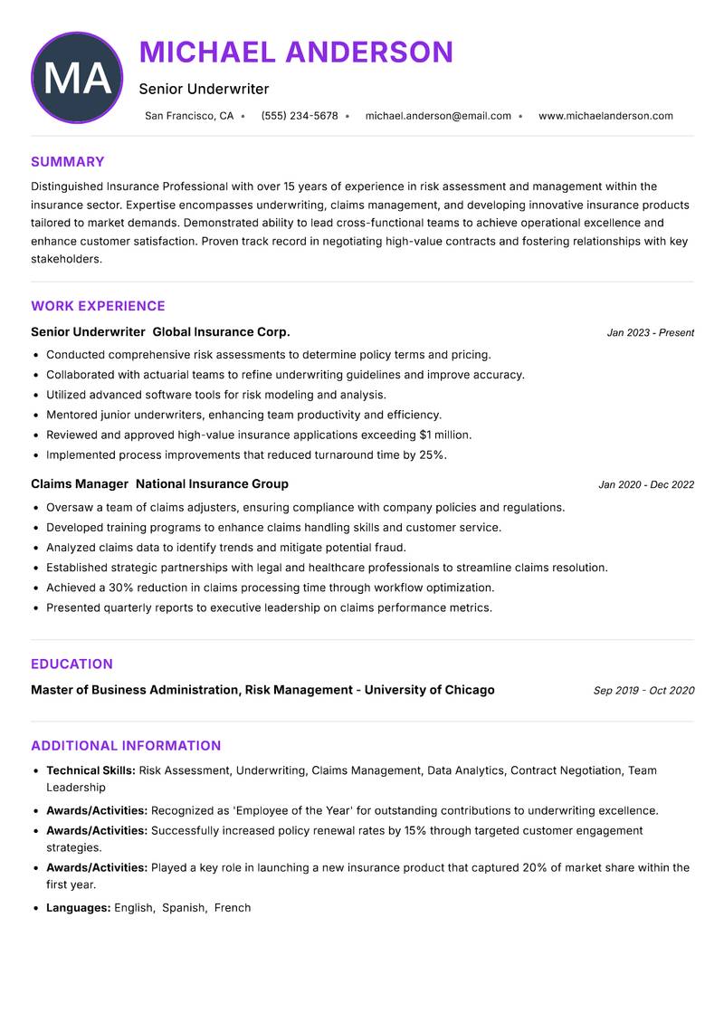 Insurance Professional Resume Preview Example