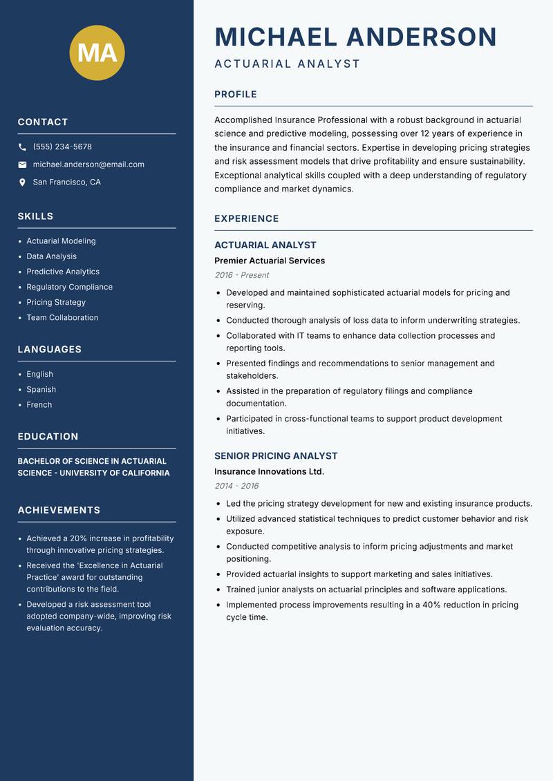 Insurance Professional Resume Preview Example