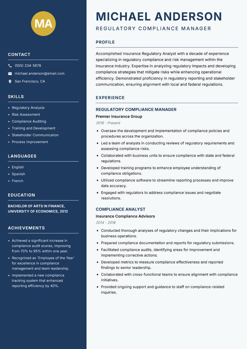 Insurance Regulatory Analyst Resume Preview Example