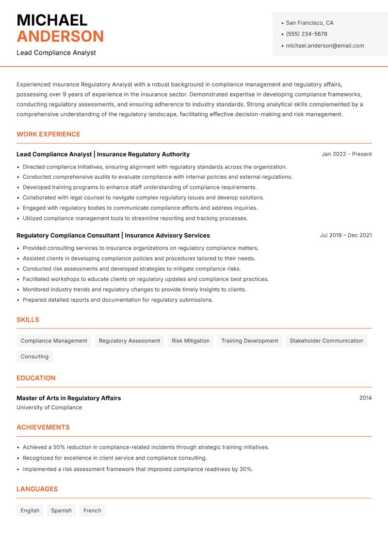 Insurance Regulatory Analyst Resume Template