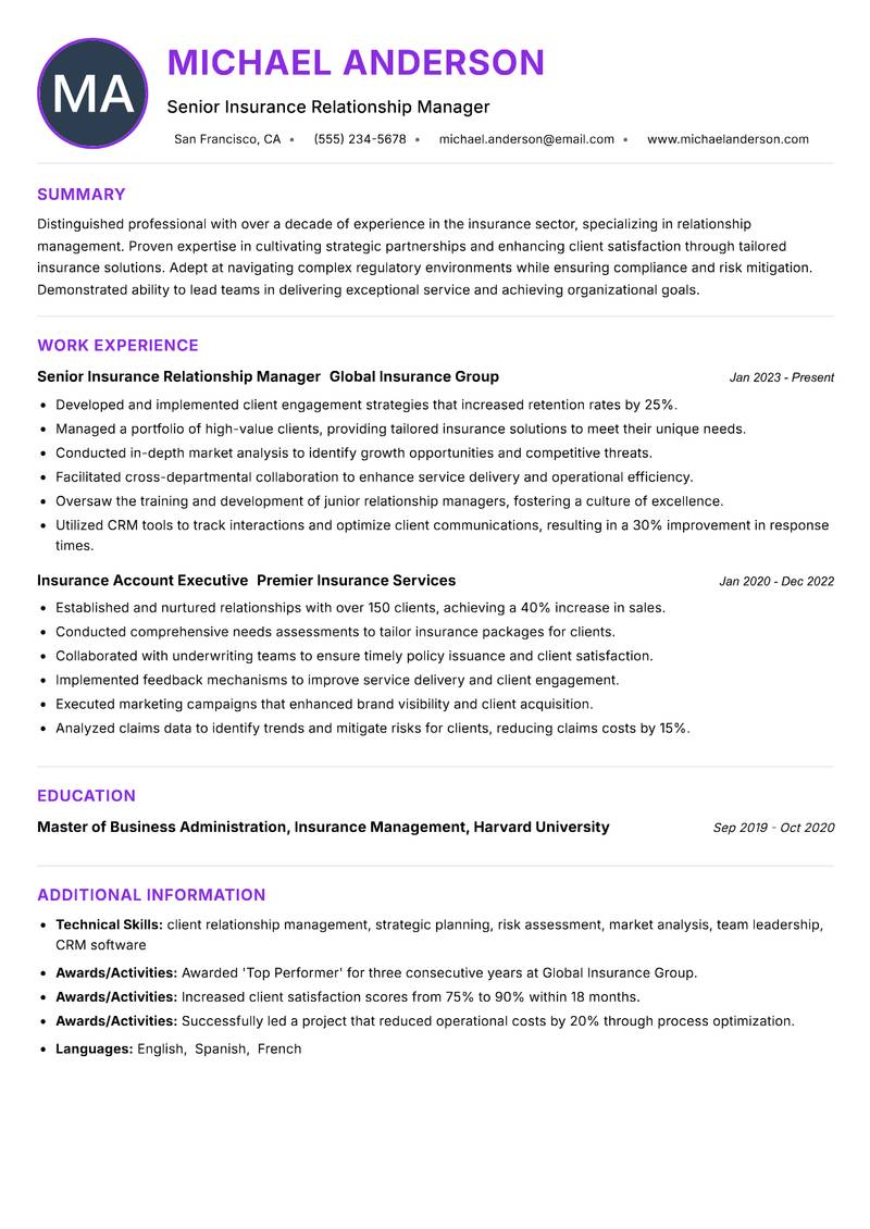 Insurance Relationship Manager Resume Preview Example