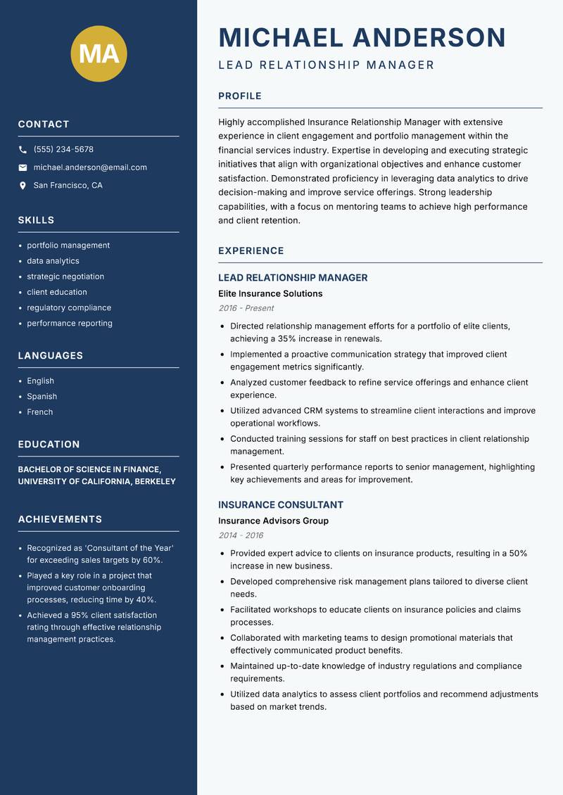 Insurance Relationship Manager Resume Preview Example