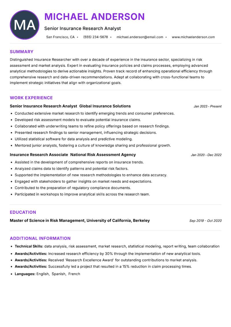 Insurance Researcher Resume Preview Example