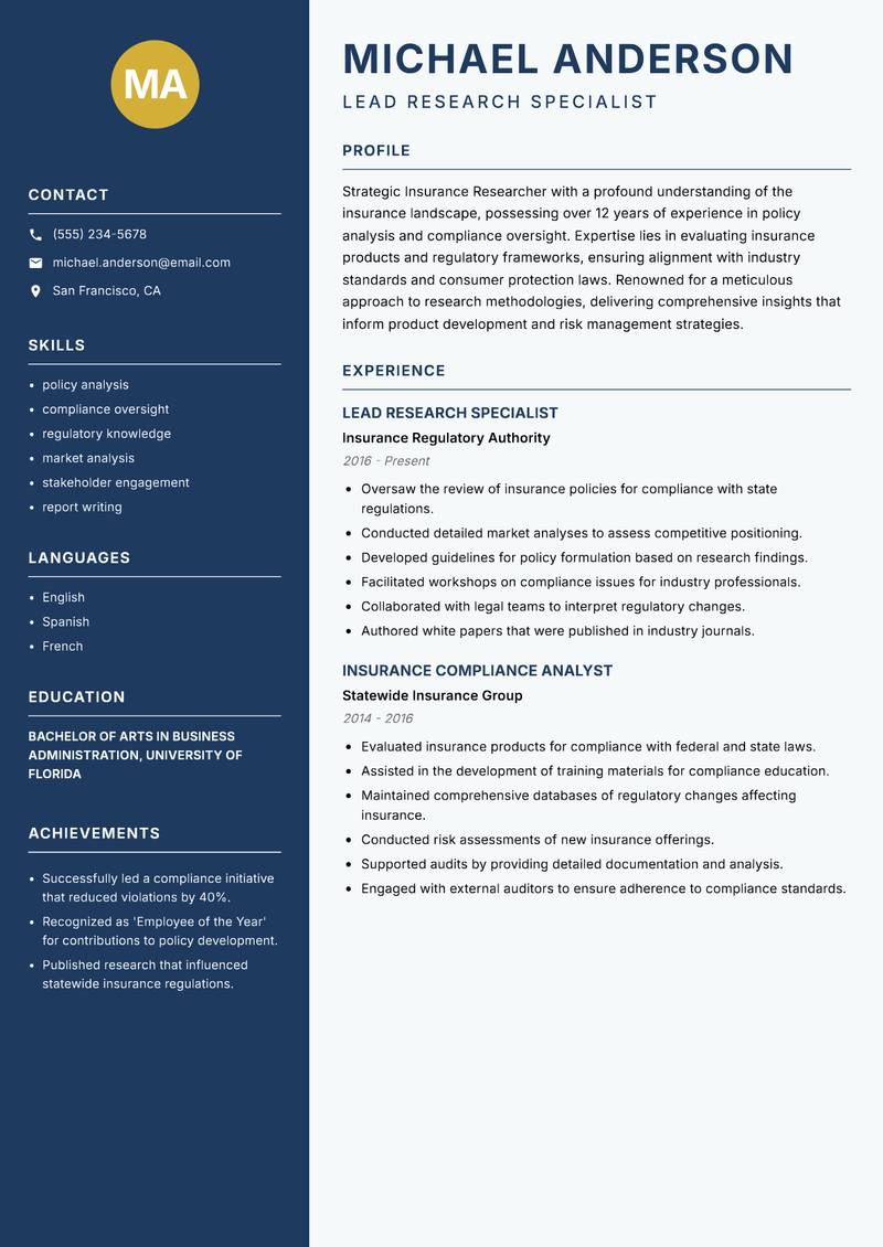 Insurance Researcher Resume Preview Example