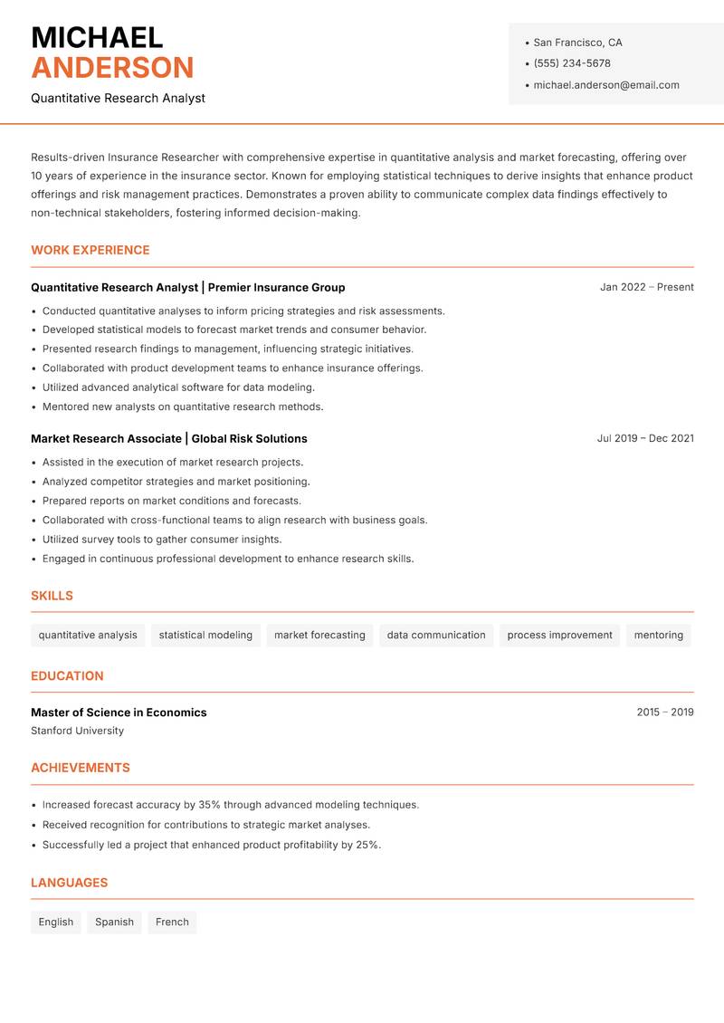 Insurance Researcher Resume Template
