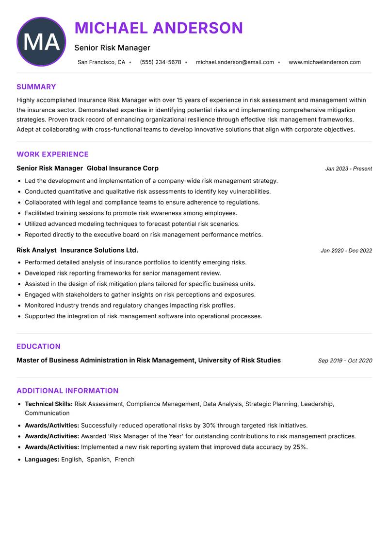 Insurance Risk Manager Resume Preview Example