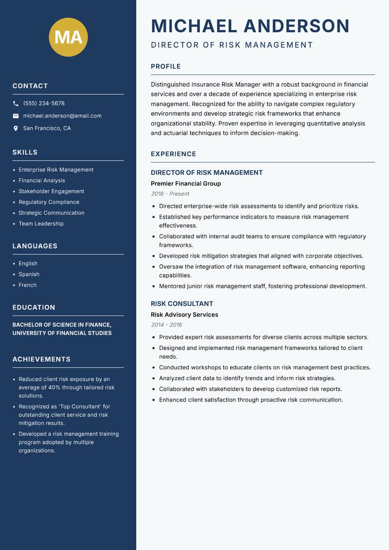 Insurance Risk Manager Resume Preview Example