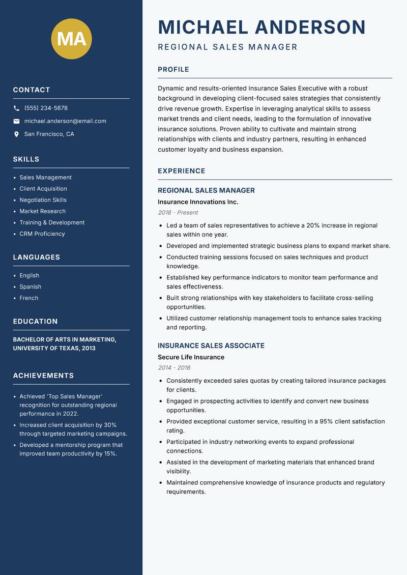 Insurance Sales Executive Resume Preview Example