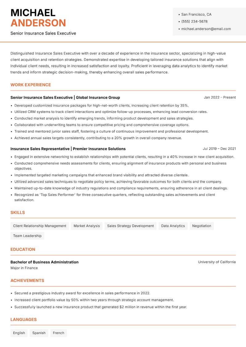 Insurance Sales Executive Resume Template