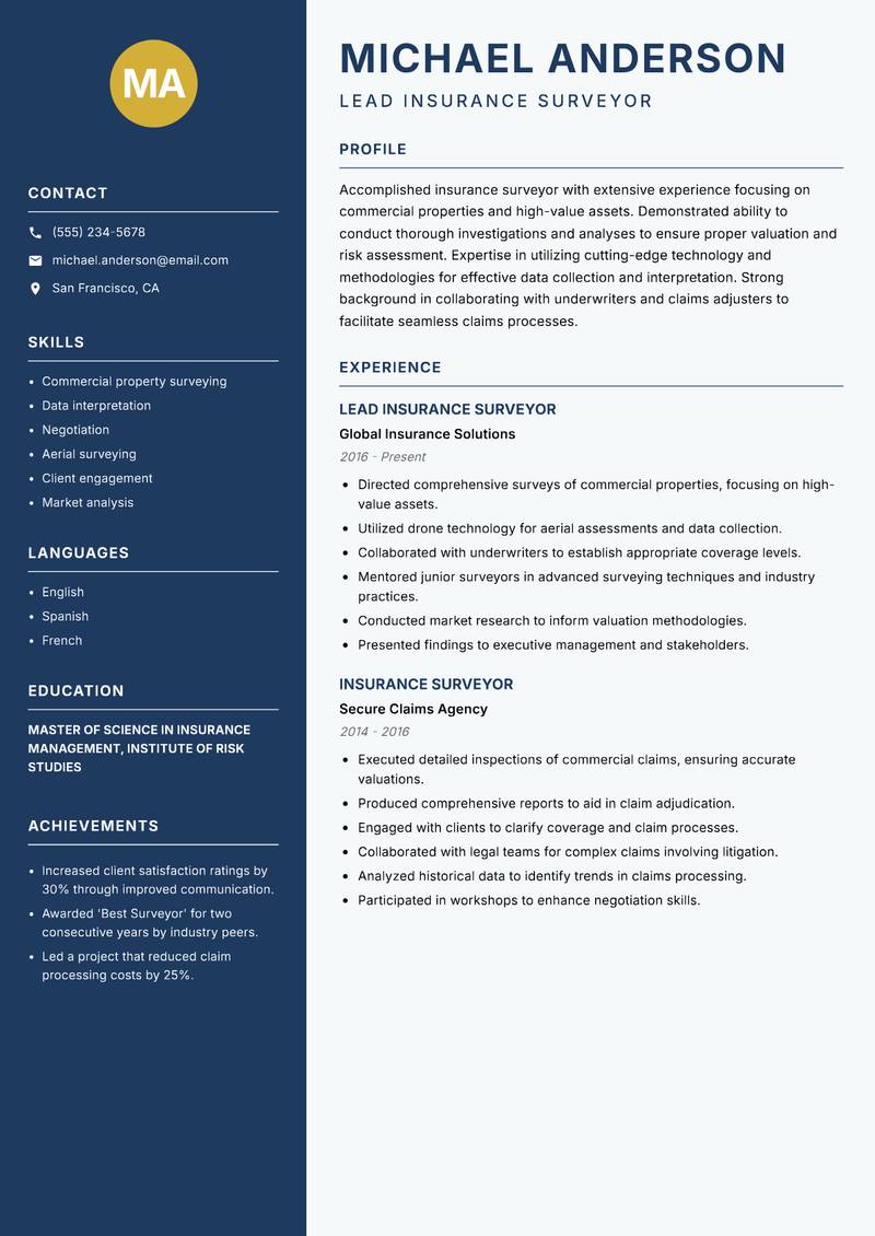 Insurance Surveyor Resume Preview Example