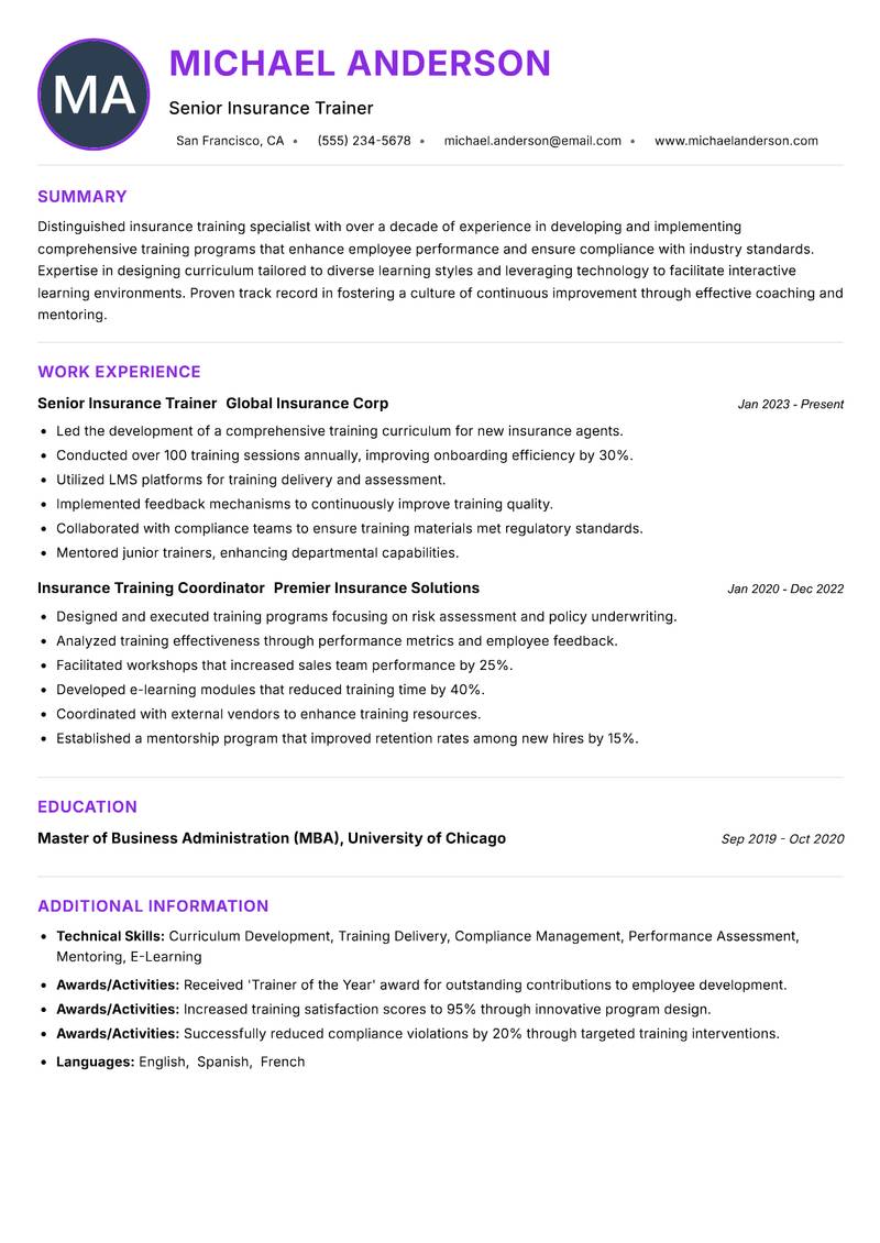Insurance Trainer Resume Preview Example