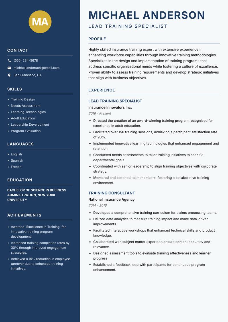 Insurance Trainer Resume Preview Example