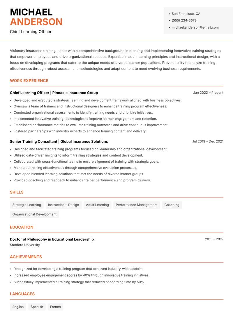 Insurance Trainer Resume Template
