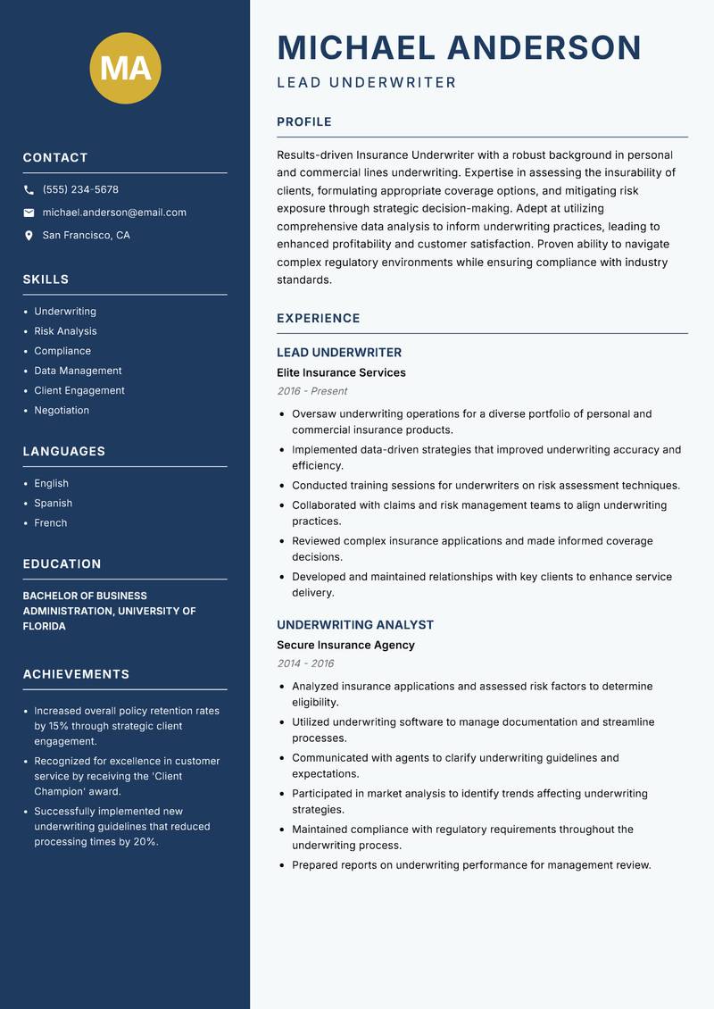 Insurance Underwriter Resume Preview Example