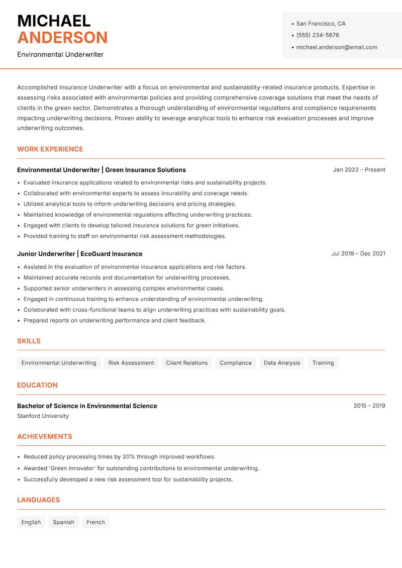 Insurance Underwriter Resume Template