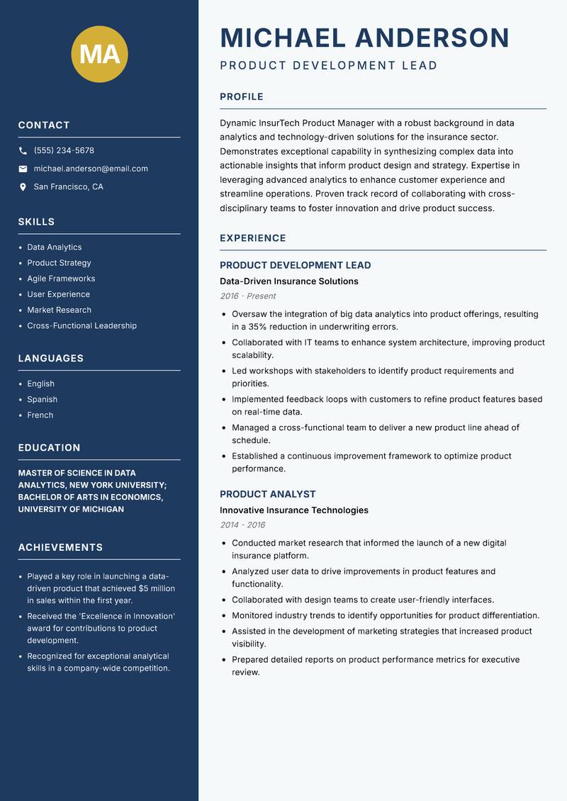 InsurTech Product Manager Resume Preview Example