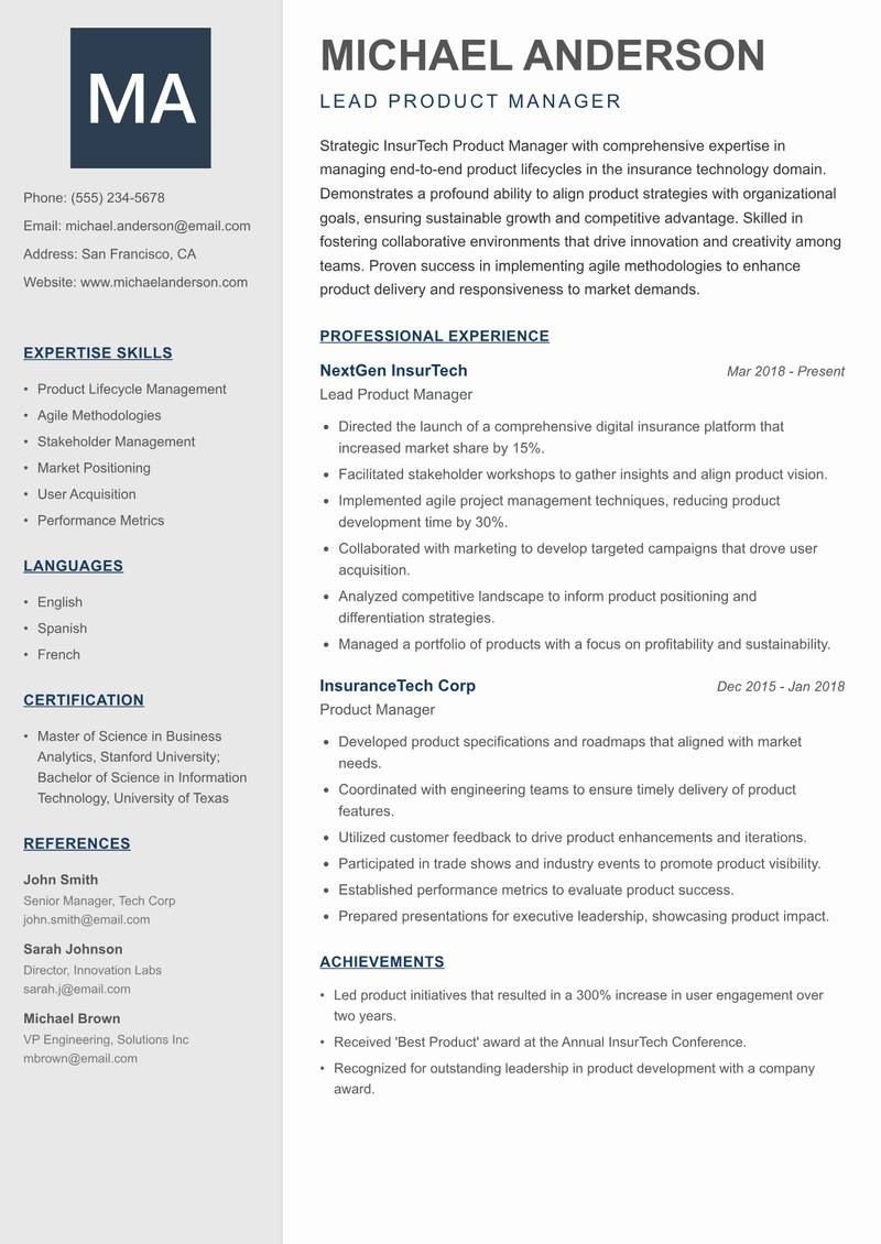 InsurTech Product Manager Resume Preview Example