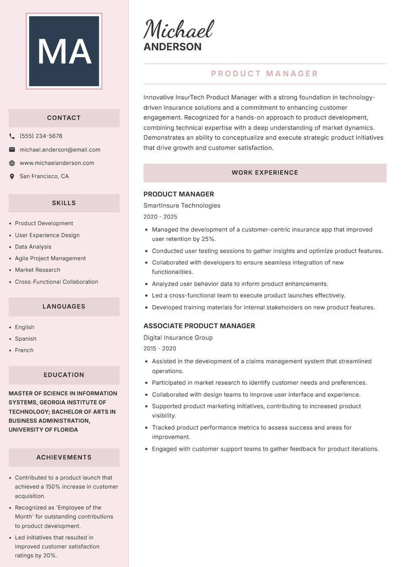 InsurTech Product Manager Resume Preview Example