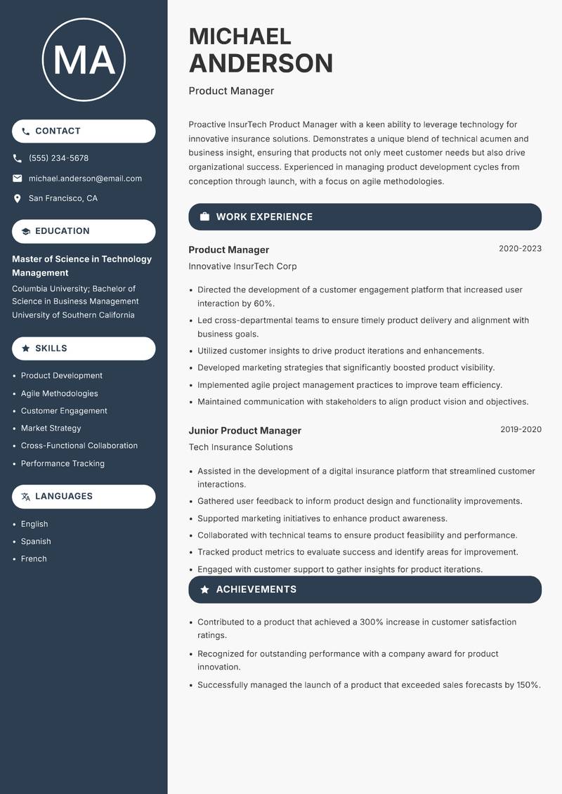InsurTech Product Manager Resume Preview Example