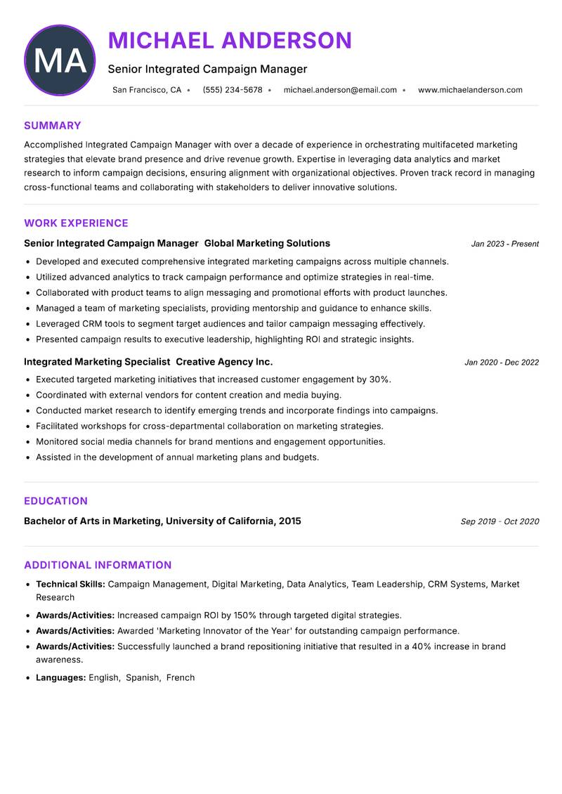Integrated Campaign Manager Resume Preview Example