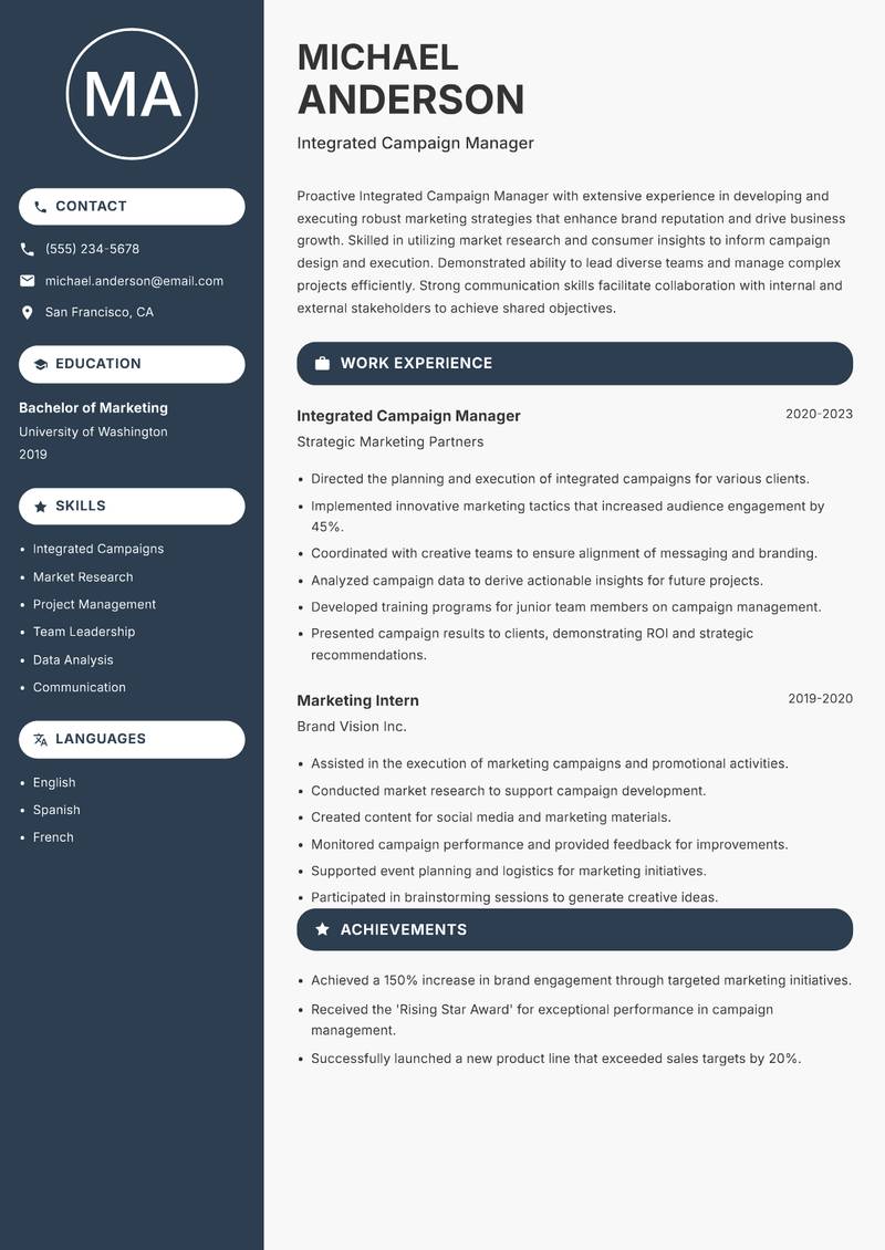 Integrated Campaign Manager Resume Preview Example