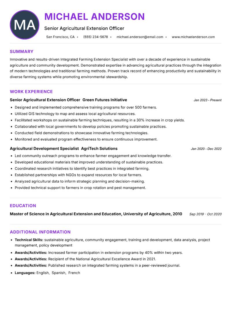 Integrated Farming Extension Specialist Resume Preview Example