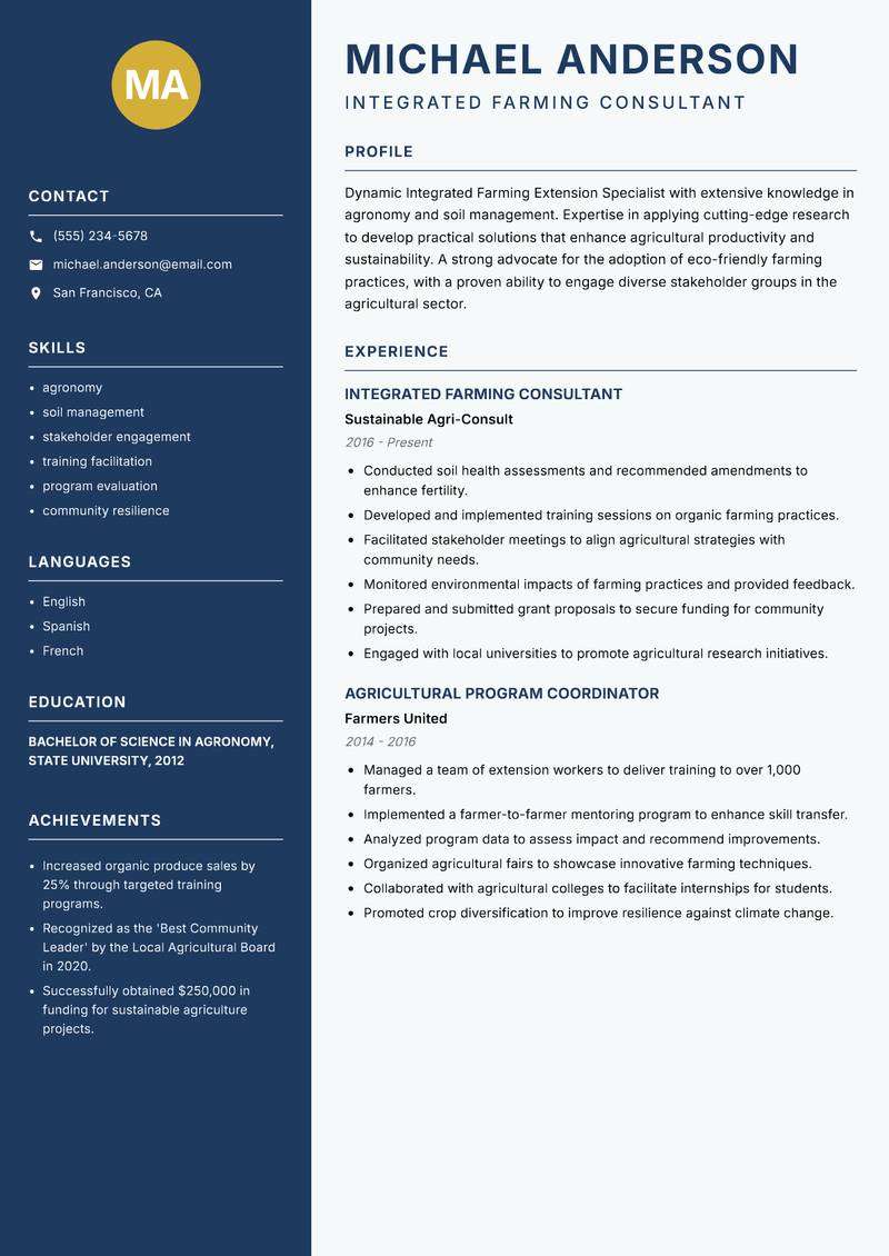 Integrated Farming Extension Specialist Resume Preview Example