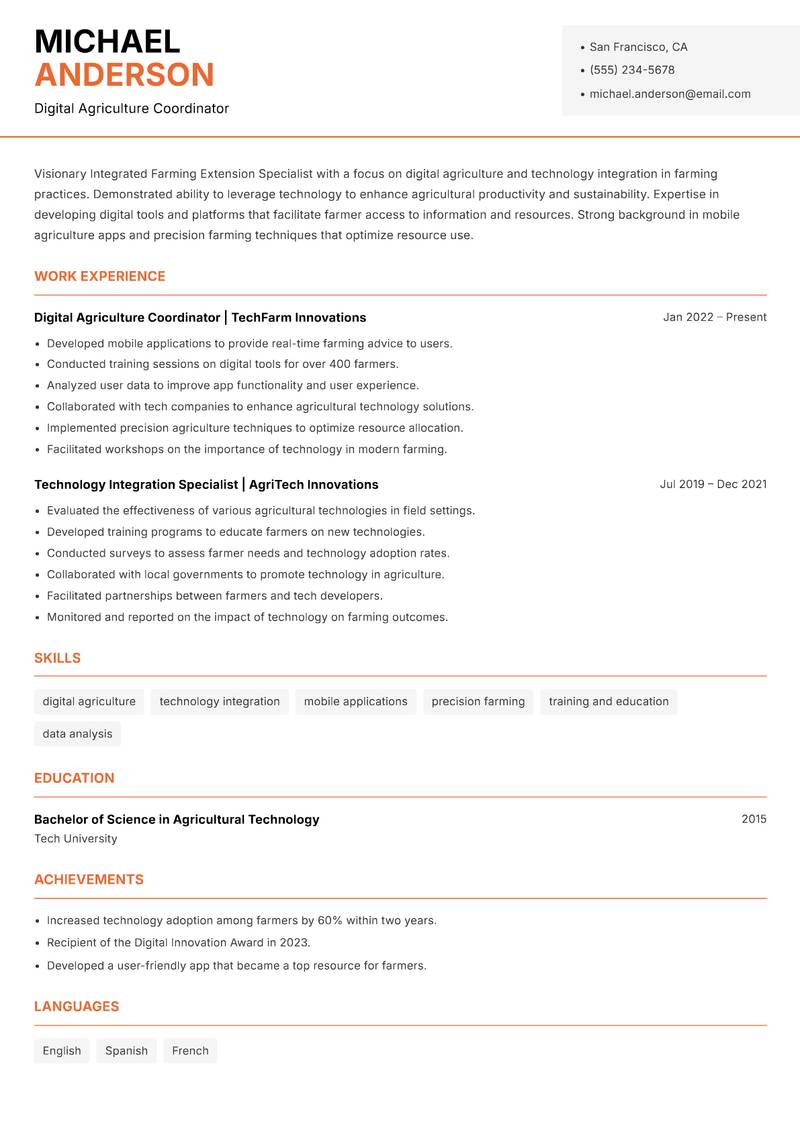 Integrated Farming Extension Specialist Resume Template
