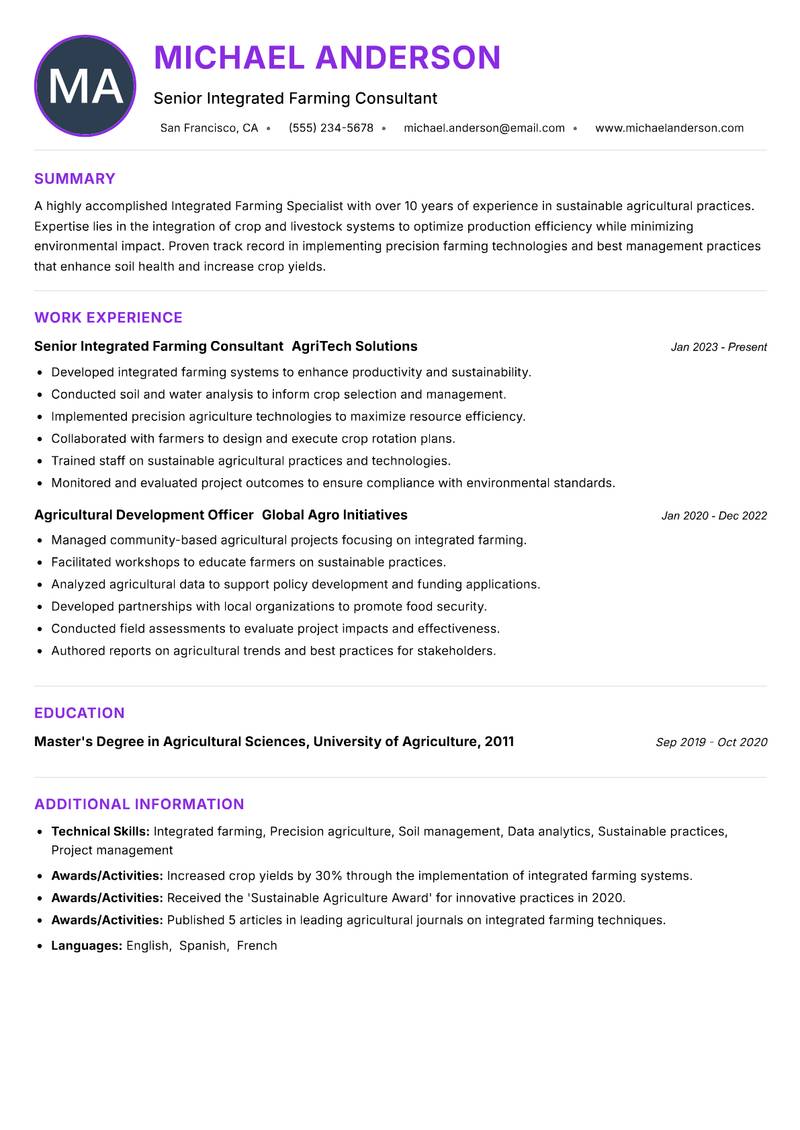 Integrated Farming Specialist Resume Preview Example