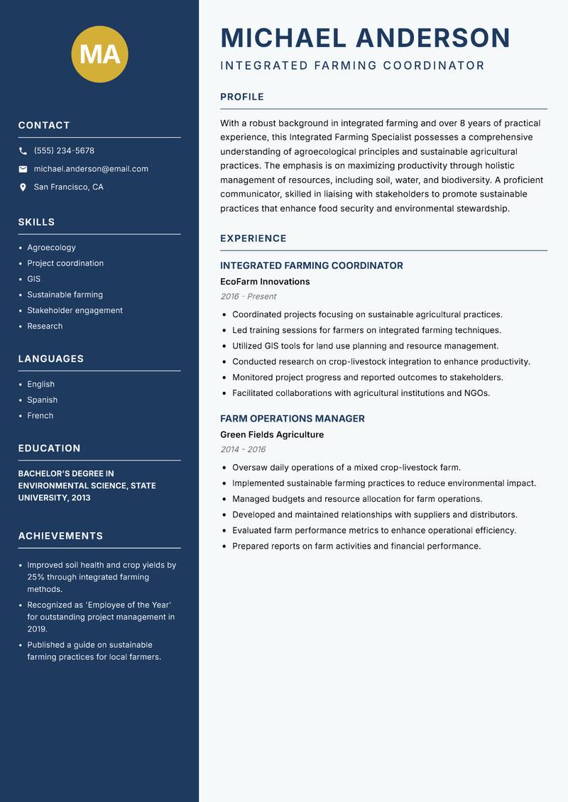 Integrated Farming Specialist Resume Preview Example