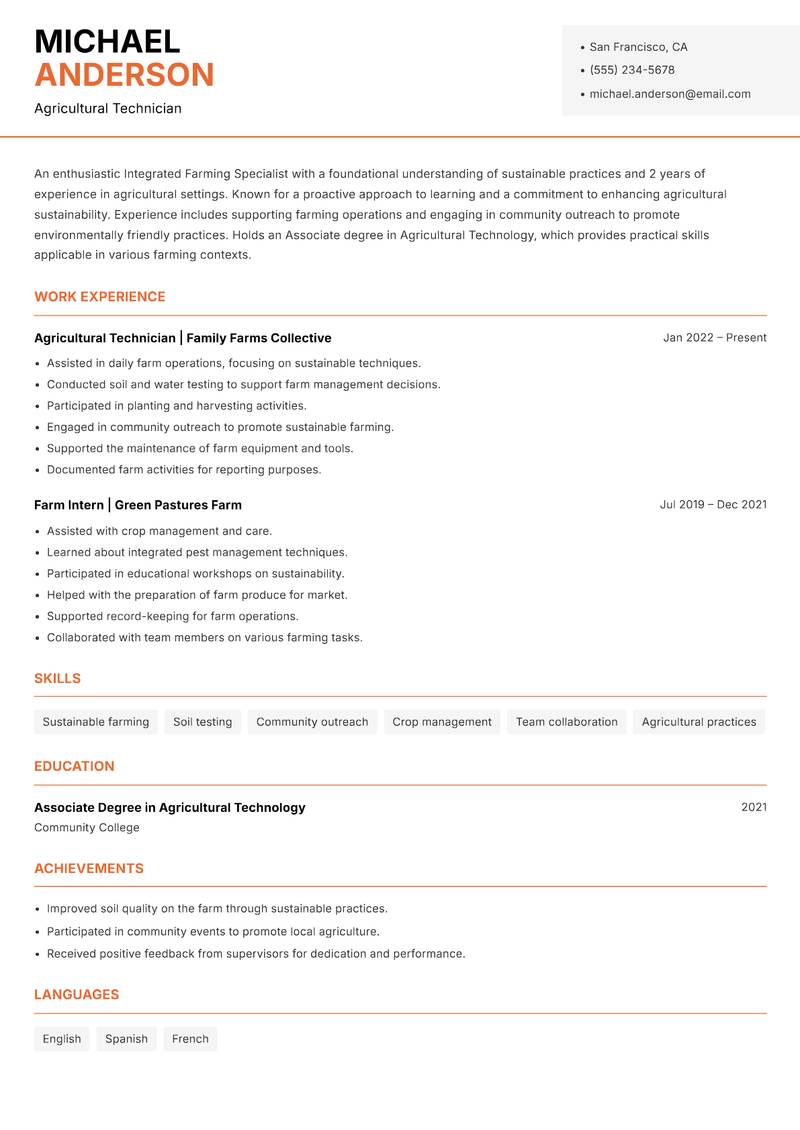 Integrated Farming Specialist Resume Template