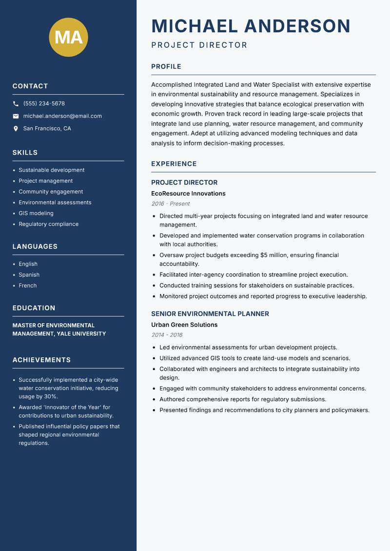 Integrated Land and Water Specialist Resume Preview Example