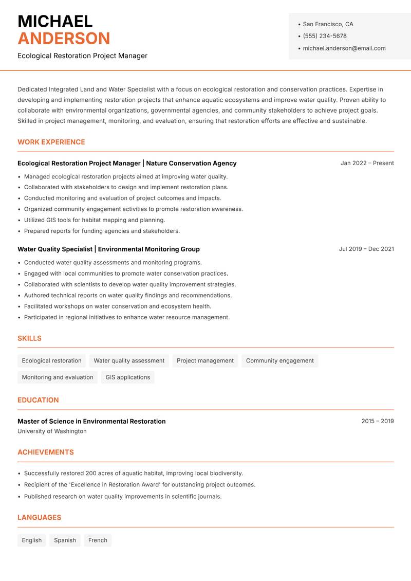 Integrated Land and Water Specialist Resume Template