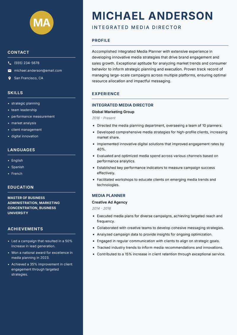 Integrated Media Planner Resume Preview Example