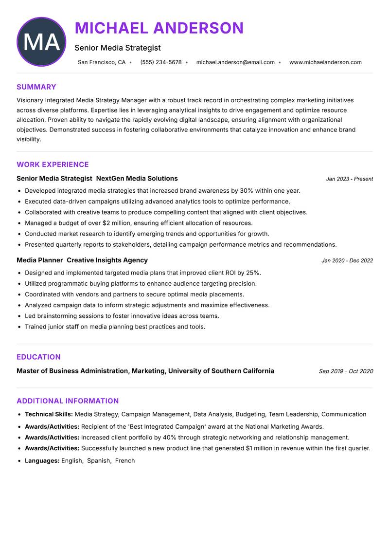 Integrated Media Strategy Manager Resume Preview Example